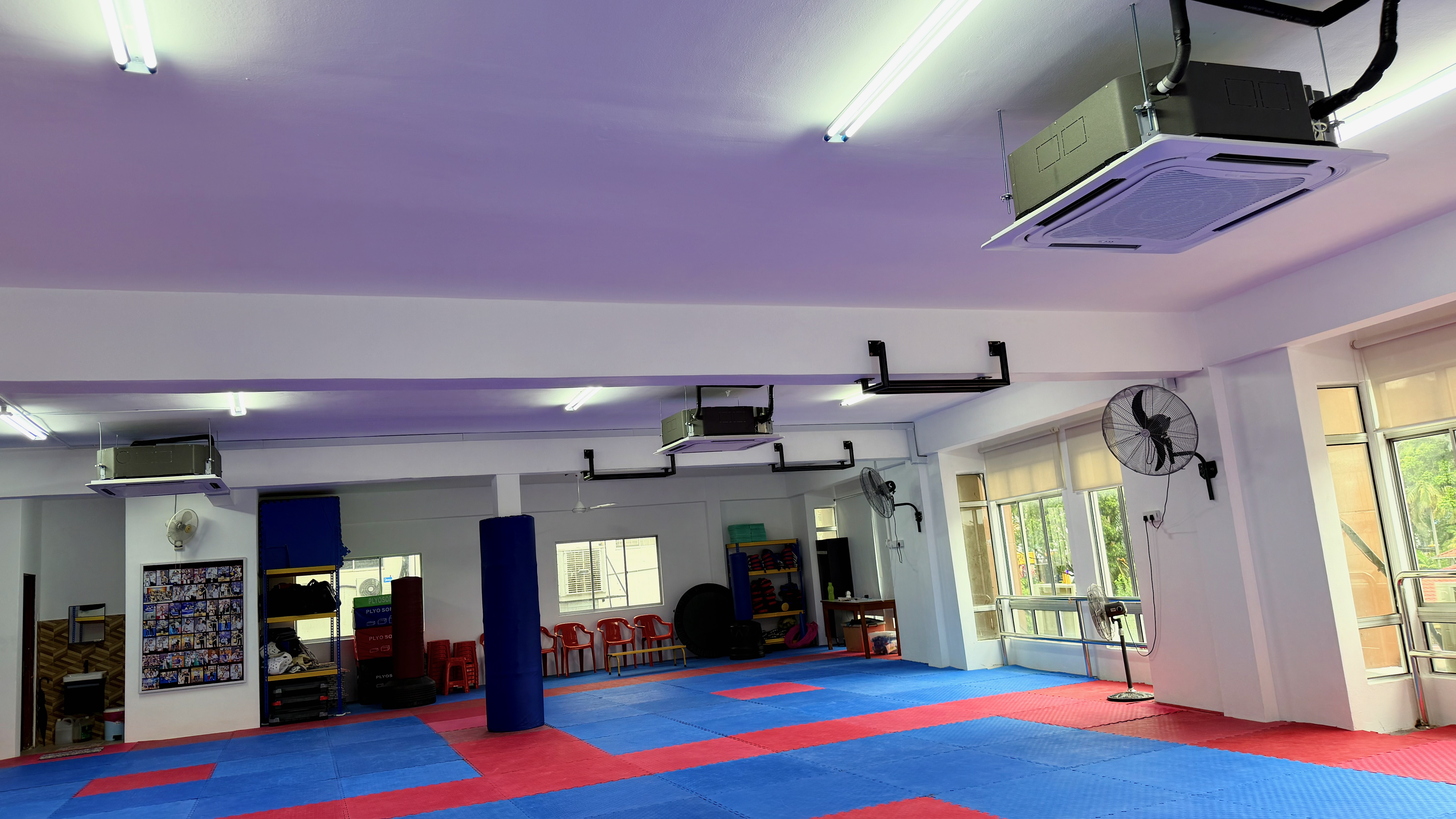 Air-conditioning and training equipment inside Power Sport Taekwondo Centre