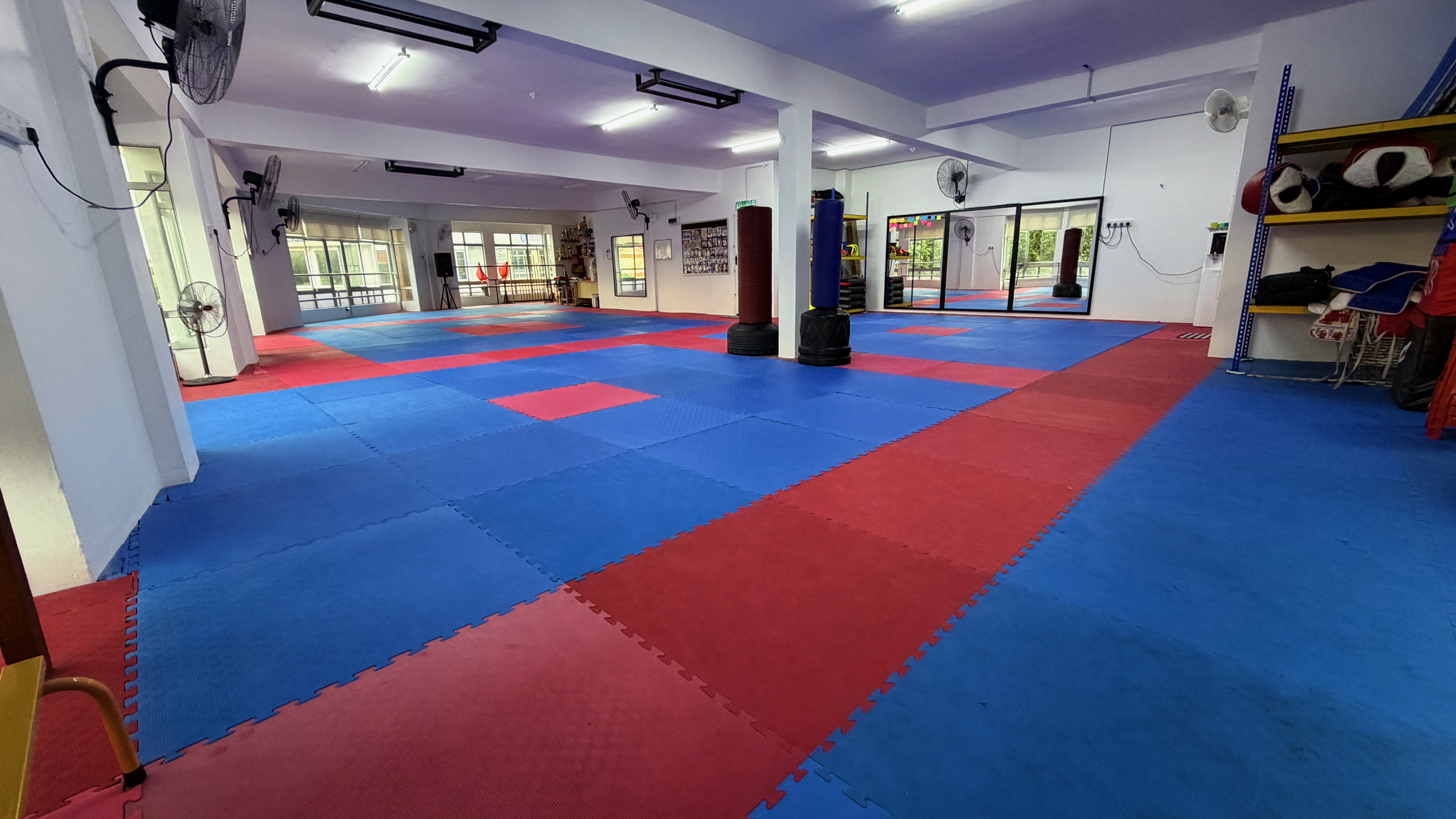 Training mats and punching bags at Power Sport Taekwondo Centre